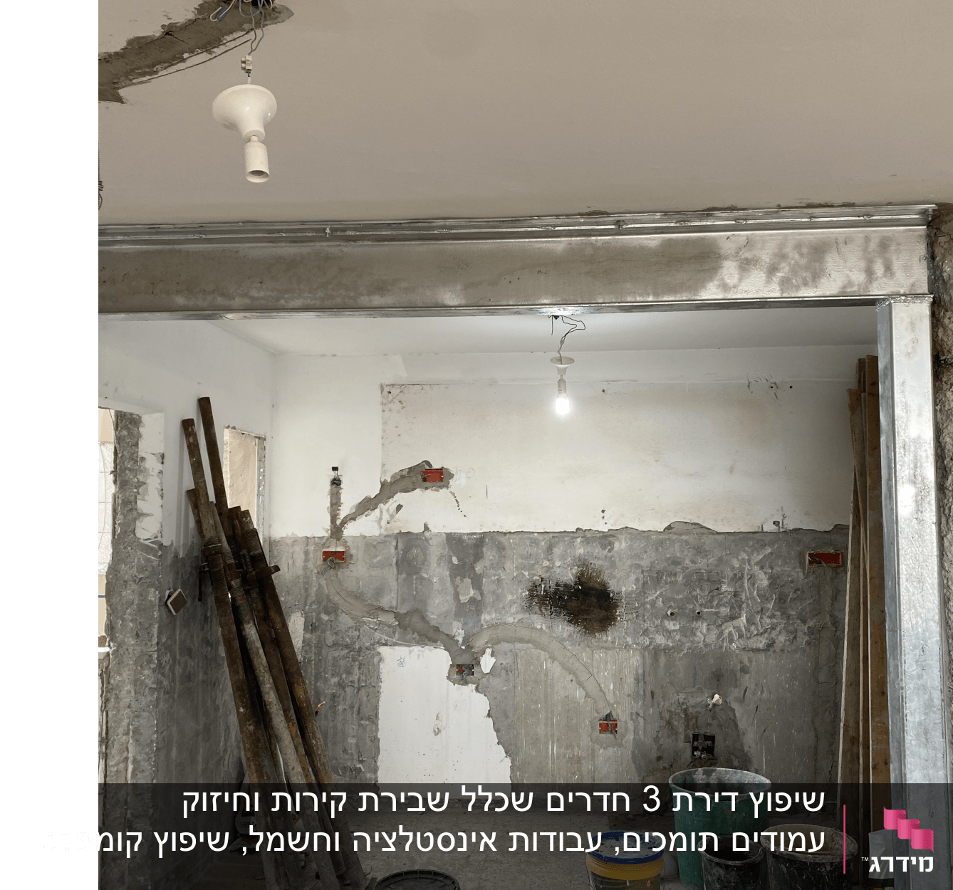 אתר בנייה עם קורות מתכת ודליים צבעוניים